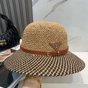 Prada Woven Straw Hat with Tan and Black Accents